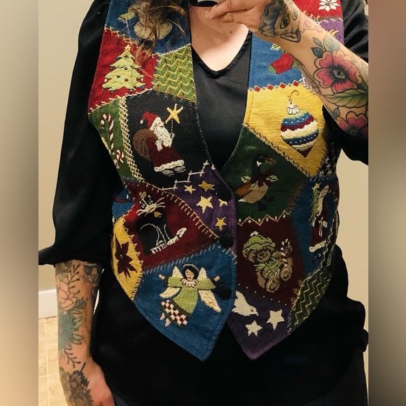 Vintage Christmas Vest Vtg patchwork waist coat Women’s button up medium large❤️ - Picture 4 of 8